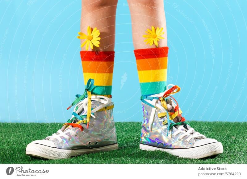 Vibrant spring footwear and rainbow socks on grass person sneaker stripe color vibrant bright artificial funky fashion style trendy shiny metallic decoration