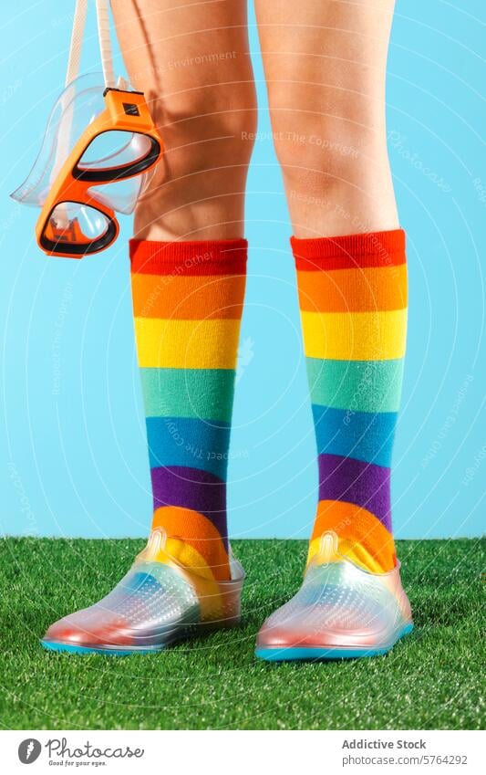 Vibrant spring colors and quirky fashion on display leg sock stripe shoe clear rainbow diving goggle grass blue background bright cheerful unique style