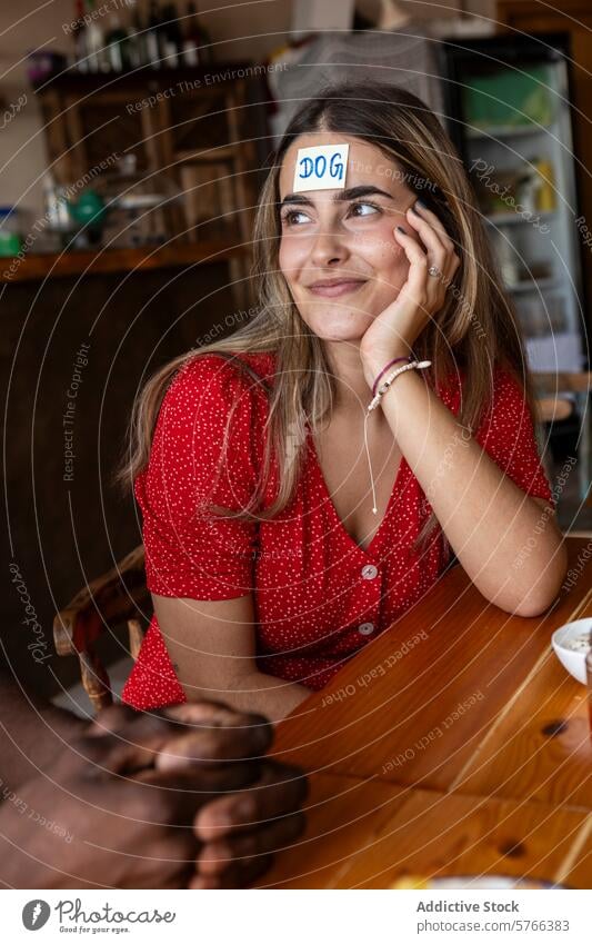 Group of friends playing a guessing game in a bar woman fun smile casual paper note social activity indoors leisure joyful happy lifestyle interaction group red