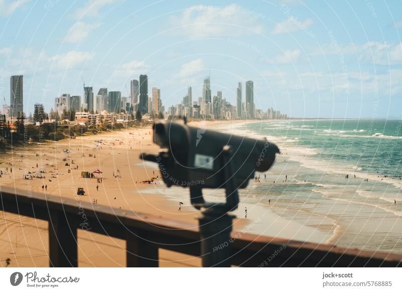 Summer by the sea in the distance Surfers Paradise Beach coast telescope vantage point blurriness Sky Clouds Warmth Panorama (View) Silhouette Queensland