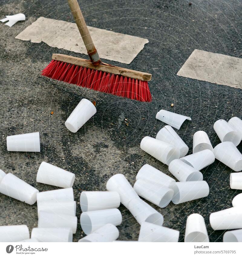 unusable | empty plastic cups on the roadside plastic waste Trash Plastic cup do the cleaning sweep Broom Broomstick sweep away jettisoned Cleaning crew polish