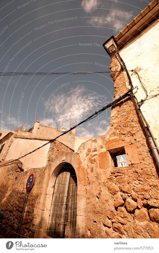 steeple top Sky Summer Beautiful weather Warmth Small Town Downtown House (Residential Structure) Church Ruin Architecture Wall (barrier) Wall (building) Facade