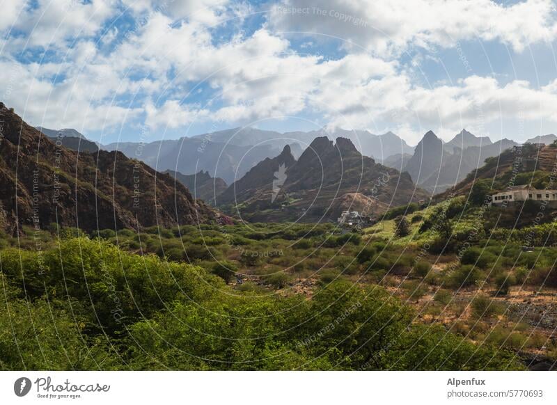 vastness Mountain Hill Plantation Green Landscape Exterior shot Sky Panorama (View) Peak Rock Clouds Vantage point Vacation & Travel Hiking Nature Deserted