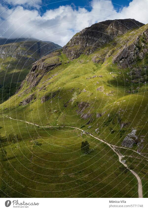 Aerial view of Water of Nevis river near Steall waterfall on Ben Nevis mountain, Scottish Highlands aerial view nature highlands Scotland Steall Waterfall