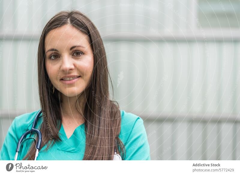 Smiling doctor posing arms crossed assistant beautiful care clinic clinical confident copy space emergency female friendly happy health healthcare horizontal