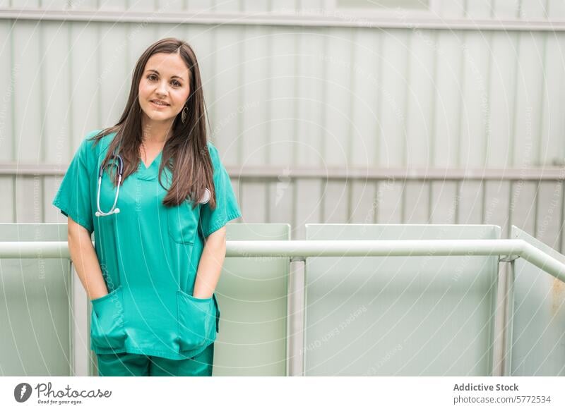 Smiling doctor posing arms crossed assistant beautiful care clinic clinical confident copy space emergency female friendly happy health healthcare horizontal