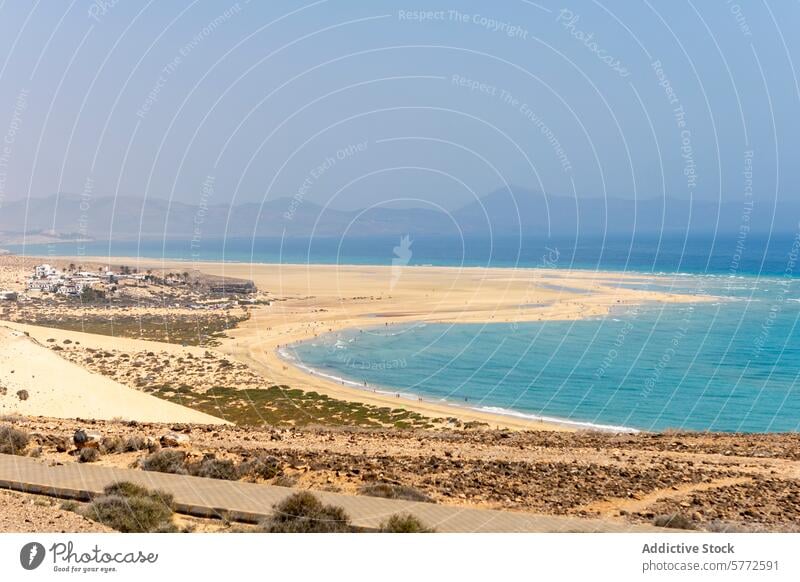 Expansive Beach View in Cofete, Fuerteventura beach cofete fuerteventura panoramic view golden sands turquoise water tranquil atmosphere coast scenic landscape