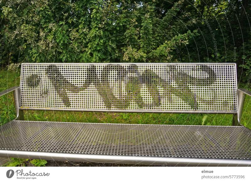 MOIN is sprayed on the backrest of a metal bench in the park month Good morning Salutation Graffiti Daub Park bench Metal Youth culture Lifestyle Blog