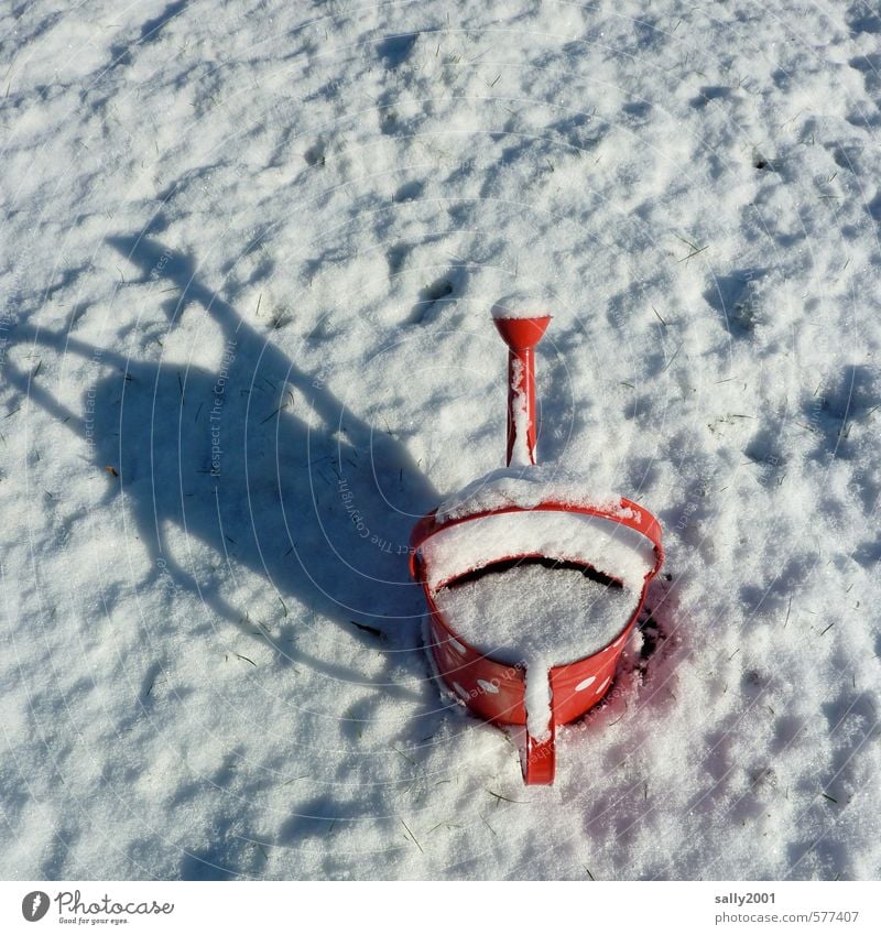 forgotten in the garden... Winter Beautiful weather Ice Frost Garden Meadow Watering can Stand Wait Exotic Cold Red White Spring fever Calm Loneliness