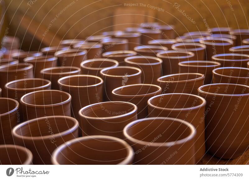 Traditional brown pottery cylinders in a workshop traditional arrangement ceramic collection clay craftsmanship artisan terracotta pottery-making