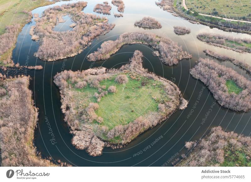 Aerial view of Ciguera River meandering through Ciudad Real aerial view ciguera river ciudad real spain landscape nature water outdoors serpentine curve winding