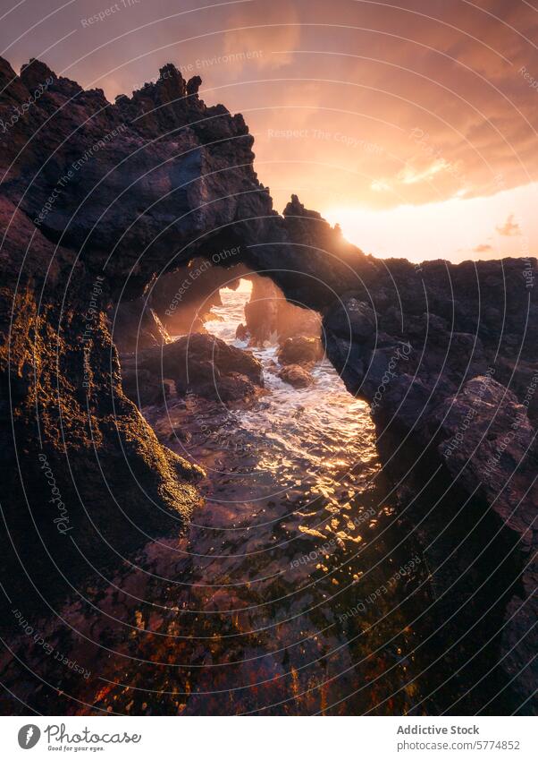 Sunset glow through a natural rock arch in La Palma, Spain sunset la palma spain canary islands coastline volcanic golden glow rugged nature landscape sea