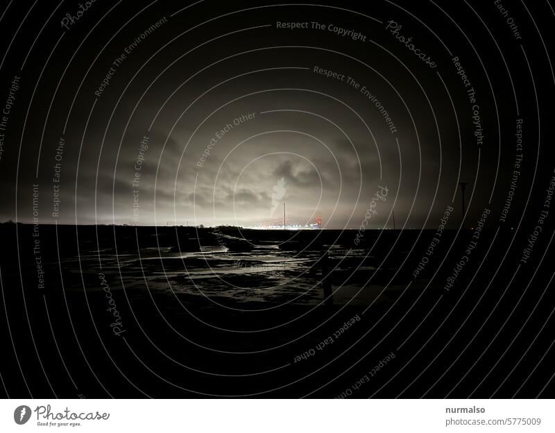 Terminal Spukitabal Bremerhaven Norndsee containers Container terminal Trade China Night Low tide Eerie Rain Moody Gale salt water Lighting Night work