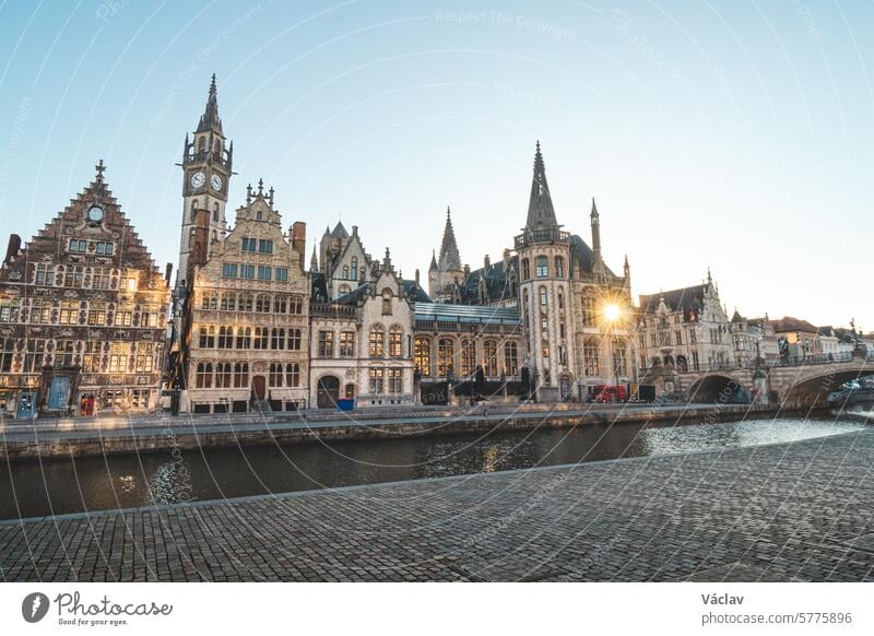 Ghent promenade called the Graslei and the charming historic houses at sunrise. The centre of the Belgian city. Flanders graslei ghent gent belgium graslei gent