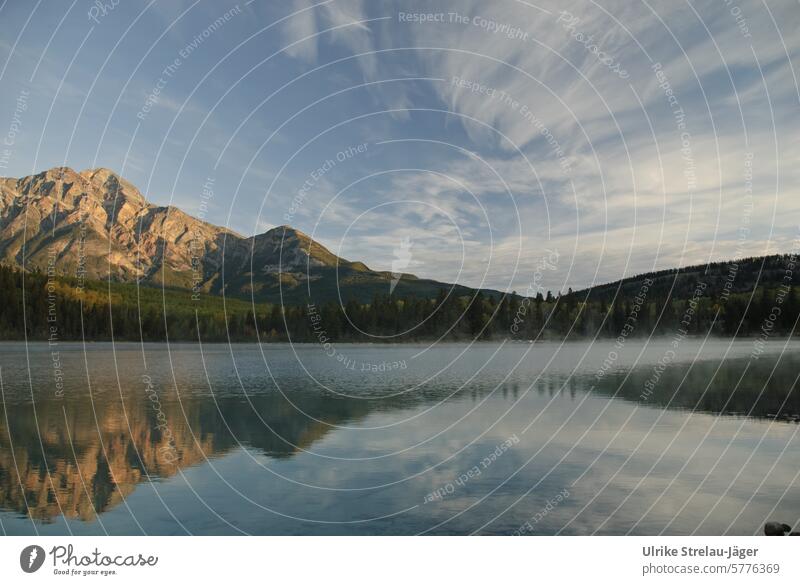 Canada | Morning atmosphere at Pyramid Lake morning mood Morning fog Dawn Fog Moody Mountain mountains mountain lake Vacation & Travel Relaxation Hiking Tourism