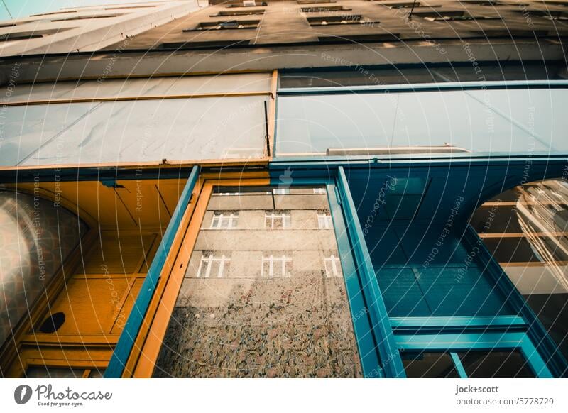 Mirror, mirror on the facade Facade Reflection Worm's-eye view Town house (City: Block of flats) Architecture old town house Nostalgia Opposite Column