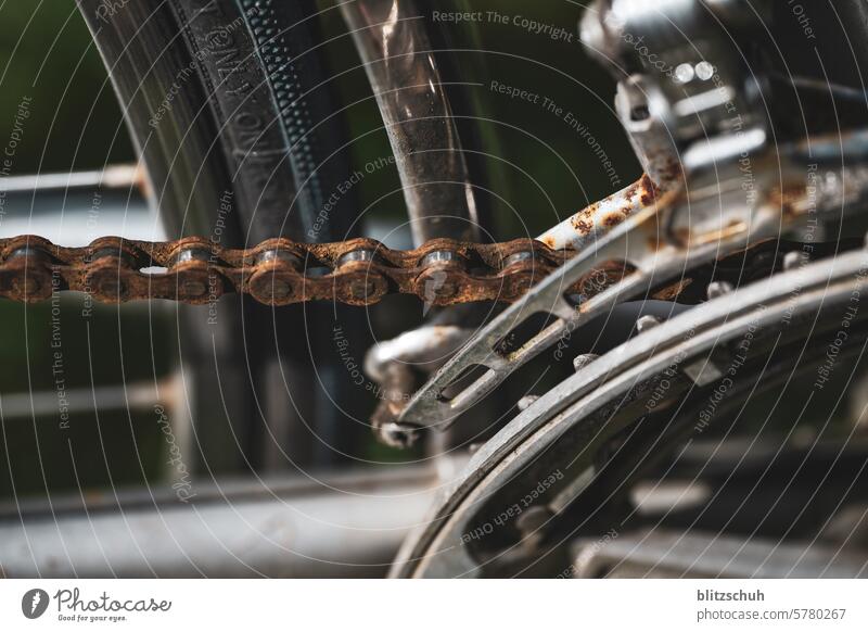 Rusty bicycle chain with chain guide Bicycle Chain Old Metal Chain link Detail Connection Connectedness Strong Bike Component Impulsion Force macro