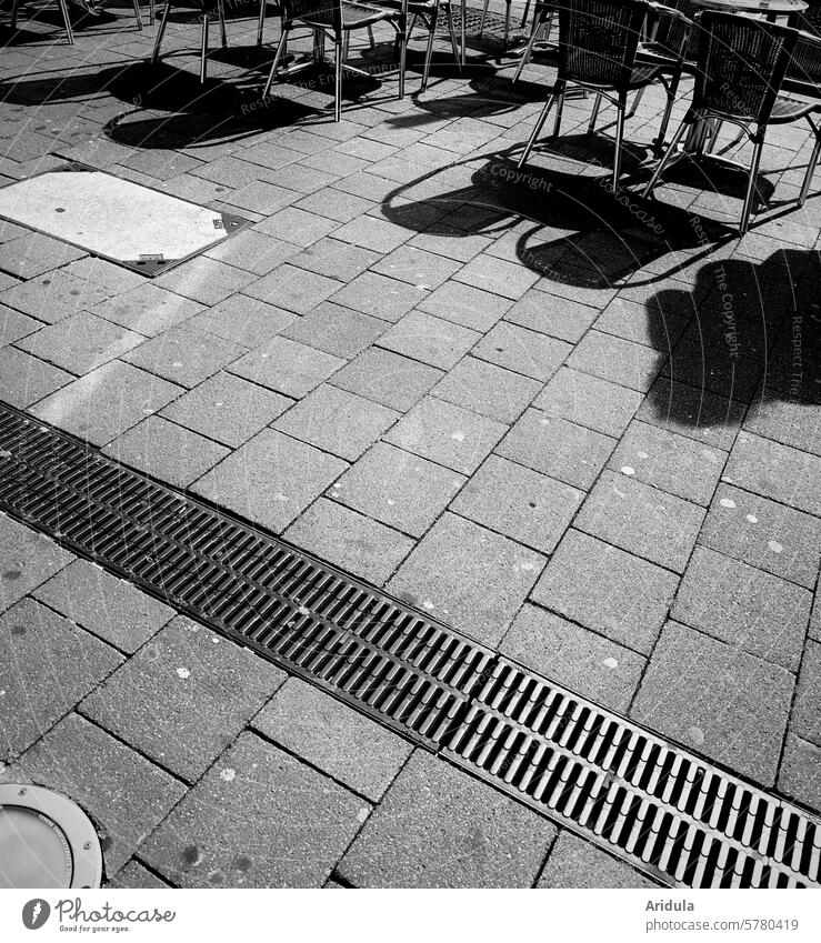 Outdoor catering | Chairs and tables on paving stones cast shadows b/w outside gastronomy Shadow Gastronomy Café Restaurant chairs Sidewalk café Empty Deserted