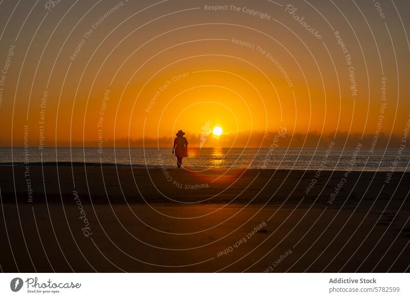 Woman enjoying sunset on a tranquil beach woman nature silhouette ocean horizon glow warm pristine walking basking evening sunlight relaxation sand seascape