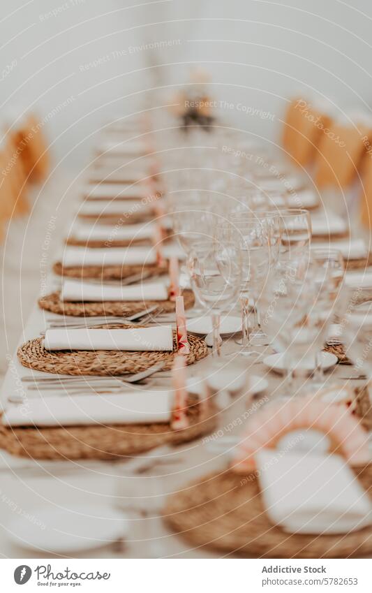 Elegant Wedding Table Setting with Rustic Theme wedding table setting elegant rustic selective focus placemat glassware floral arrangement decoration reception