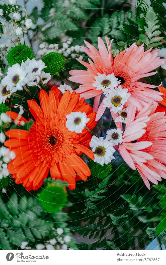 Vibrant bridal bouquet with orange and pink flowers wedding gerbera daisy foliage green vibrant close-up floral arrangement decoration celebratory ceremony