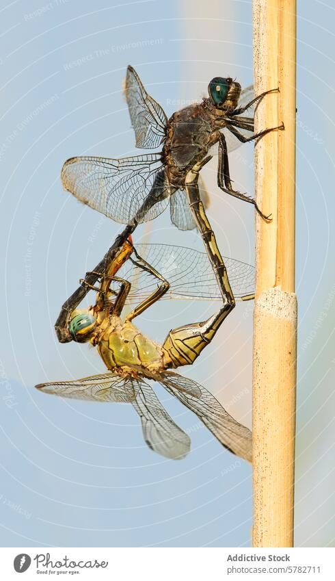 Dragonflies mating on a reed against a clear sky dragonfly insect nature wildlife blue outdoor entomology macro close-up vertical perched ritual summer wing