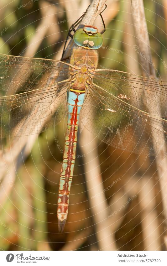 Close-up of a dragonfly perched on a twig in nature insect macro close-up wing wildlife detail vibrant rest dry entomology summer green blue outdoor animal