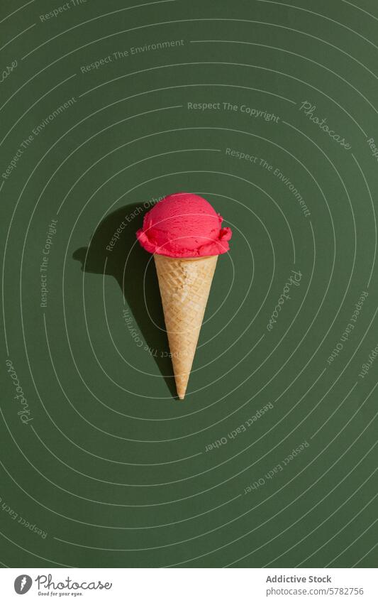 Single Strawberry Ice Cream Cone on Green Background strawberry ice cream cone green background summer treat refreshing scoop crispy shadow surface vivid