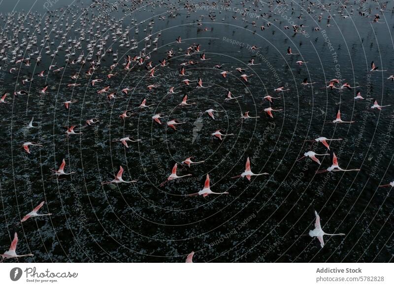 Flock of Flamingos in Graceful Flight Over Water flamingo flight flock wildlife bird water nature wing pink flying motion graceful lake migration animal pattern