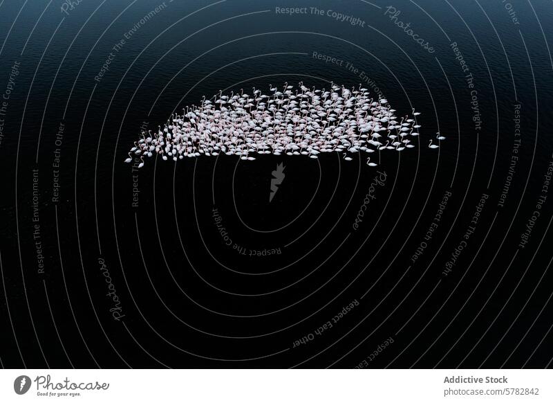 Flamingos in Graceful Flight Over Water flamingo flight aerial wildlife contrast dark water flock bird nature grace form sky wing feather migration group