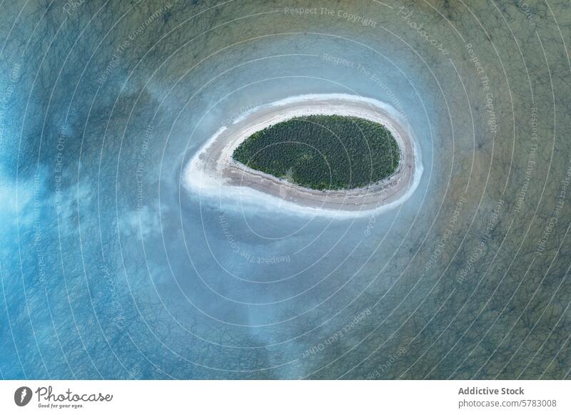 Isolated island in the midst of a Salt Lagoon, Toledo drone aerial view salt lagoon toledo spain green crystalline texture nature artistry above bird's-eye