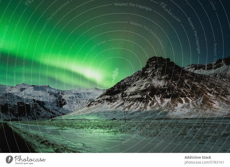 Majestic Northern Lights over snowy Icelandic mountains northern lights aurora borealis iceland landscape night sky green natural phenomenon adventure travel