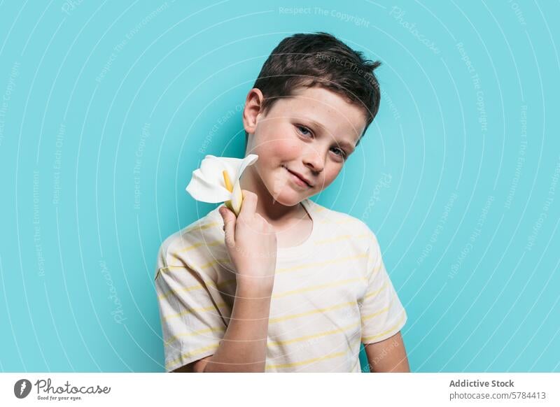 Young boy holding a white flower on a teal background smiling portrait child delicate bright youth cheerful happiness innocence purity simple nature spring