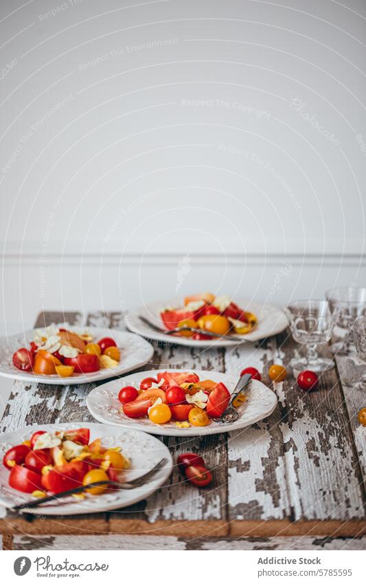 Fresh tomato salad on rustic wooden table cherry tomato summer plate fresh meal refreshing vibrant food cuisine snack healthy vegetable ingredient lunch dining