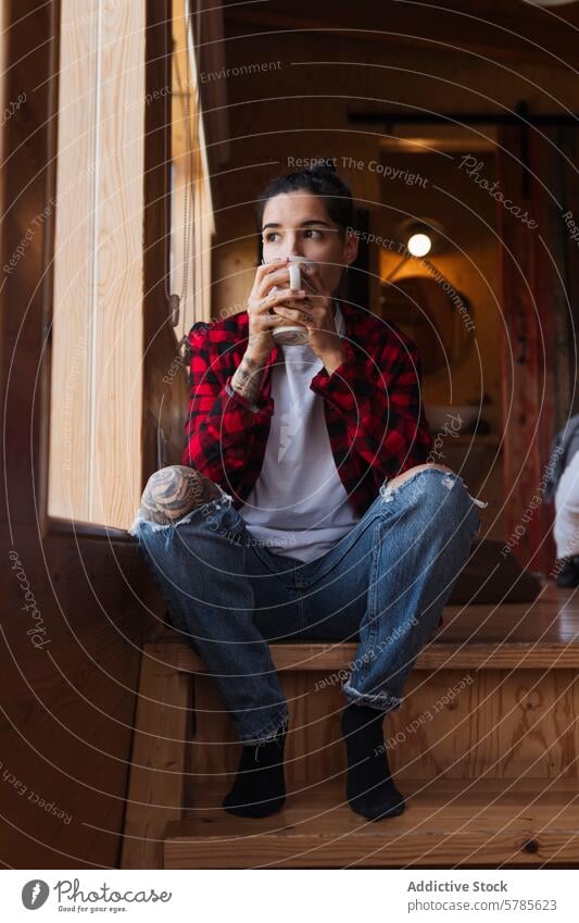 Contemplative woman enjoying coffee by the window tattoo plaid shirt wooden steps contemplative gazing sitting jeans thoughtfulness drink mug casual relaxation