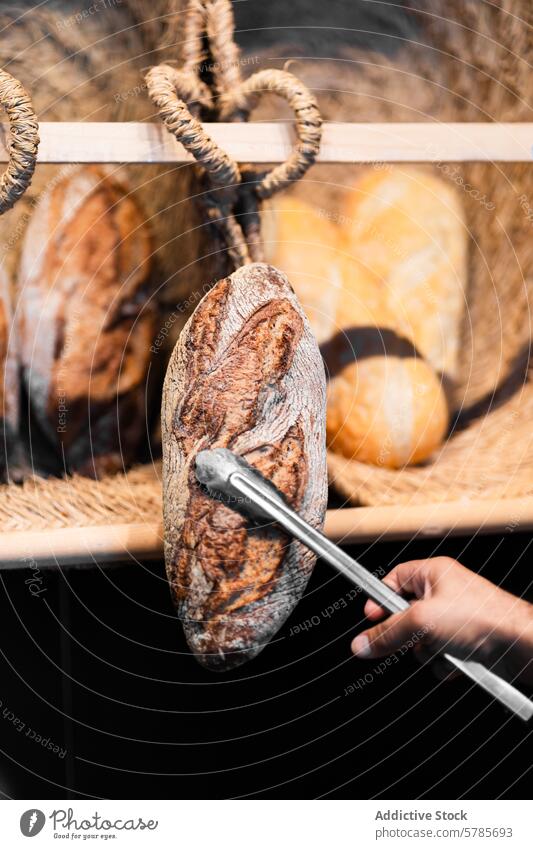 Artisan Sourdough Bread Selection Displayed on Shelf artisan sourdough bread rustic loaf bakery handmade wooden shelf tongs selection display wheat crust baking