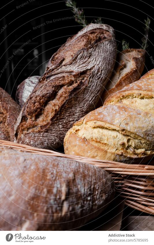 Freshly Baked Assorted Sourdough Breads in Basket sourdough bread homemade handmade artisanal bakery crusty fresh rustic wicker basket baked nutritious whole