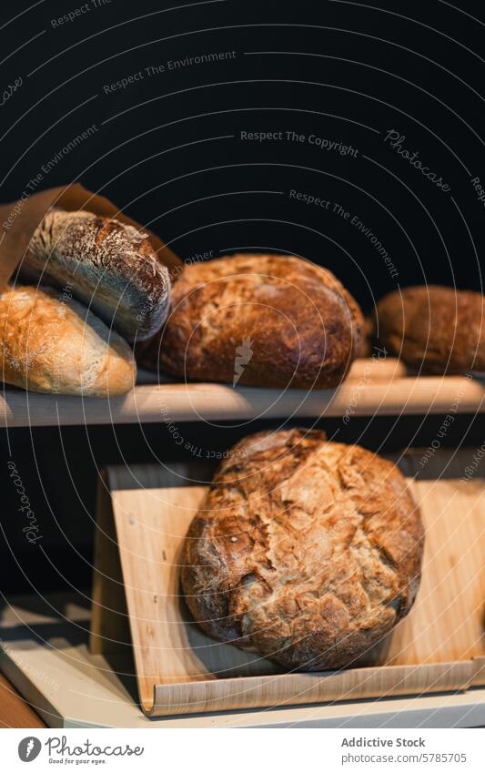 Artisan Sourdough Bread Varieties on Wooden Shelves sourdough bread artisan baked crusty texture wooden shelf homemade bakery loaf fresh handcrafted bakehouse