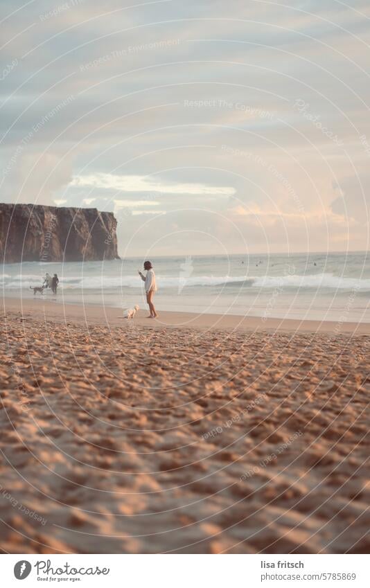 BEACH-SUNSET-BEAUTIFUL ATMOSPHERE Beach Portugal To go for a walk Ocean Sand Sunset Dusk Evening coast Water Nature Landscape Sky Rock Tourism Summer travel