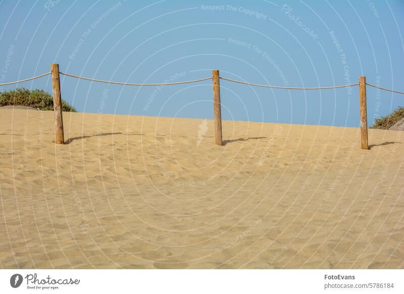 Sand dune with a fence horizon Maspalomas dry sand endless nature Gran Canaria background sea plant beach Spain golden Europe summer time wood holidays