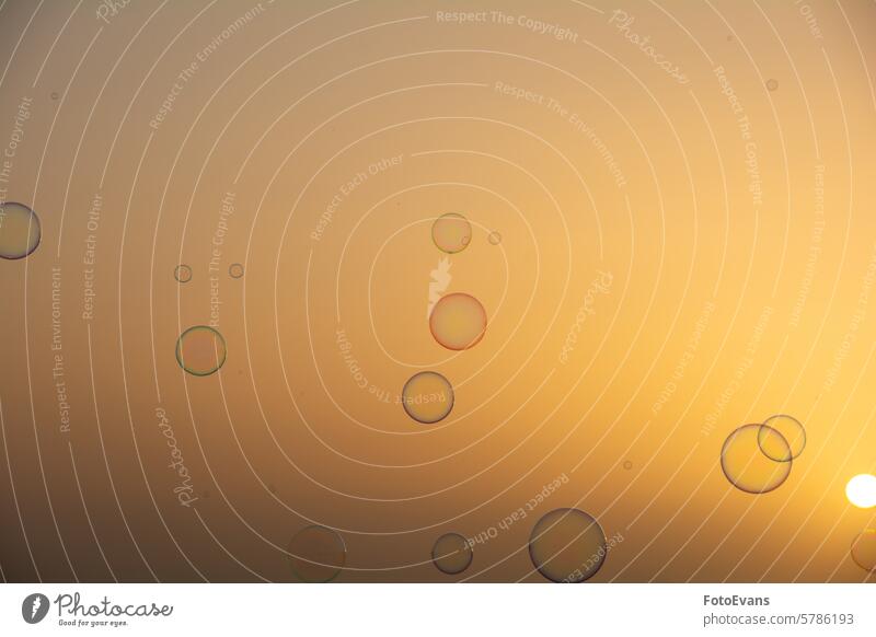 Lots of soap bubbles in the sky at sunset reflection abstract rainbow colors liquid play of colors background orange air bubble burst shiny outside outdoors