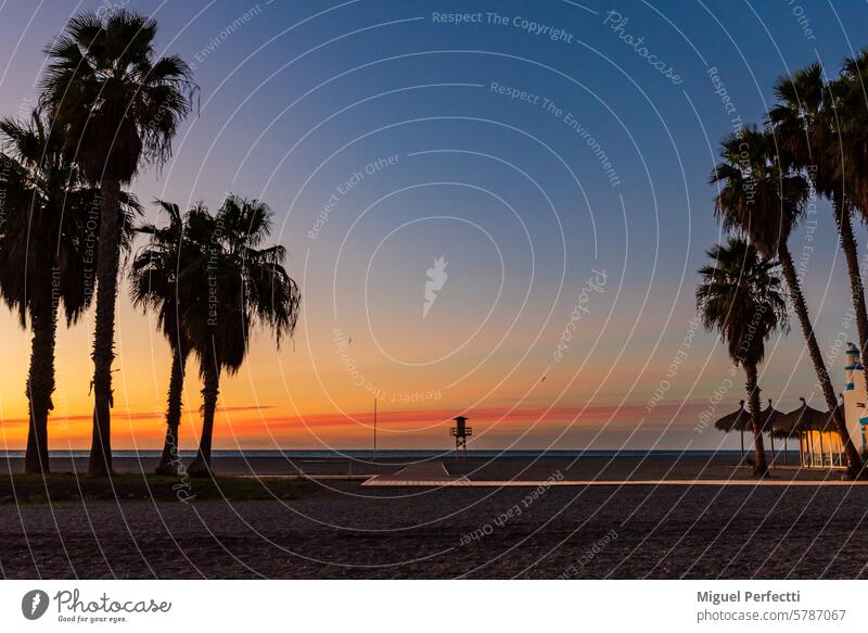 Sunrise on Poniente beach, Motril, Granada, with palm trees, a beach bar and a watchtower for bathers, Tropical coast. sunset sea motril tropical granada