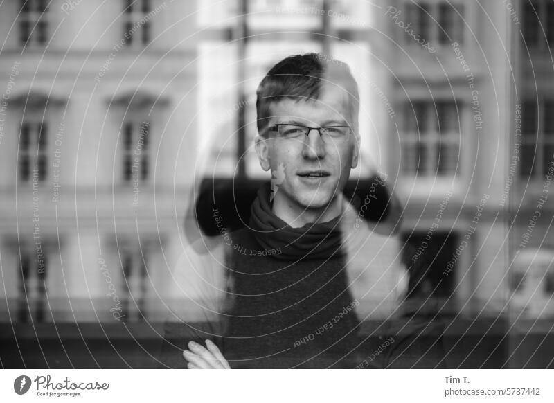 Man with reflections at the window paul b/w Reflection Window Berlin hfm city palace Black & white photo Downtown Town Capital city bnw Day Exterior shot Facade