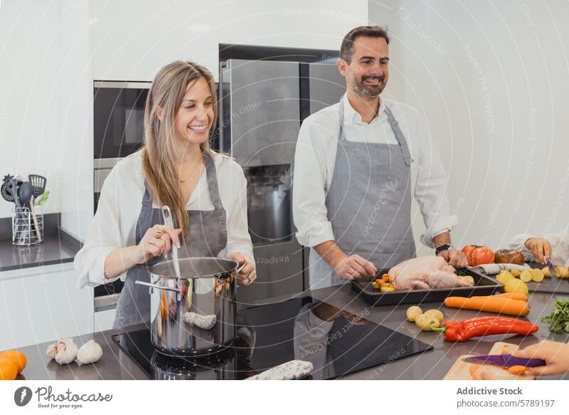 Family Kitchen Time: Preparing A Roast Chicken family cooking kitchen roast chicken vegetables preparation home-cooked meal bonding cheerful apron cooking pot