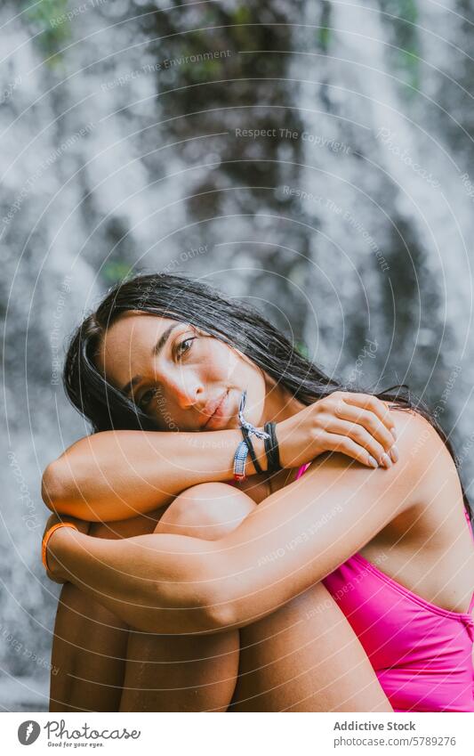 Contemplative Moment in Costa Rican Paradise looking at camera woman contemplative reflective waterfall thoughtful serene nature travel vacation tropical