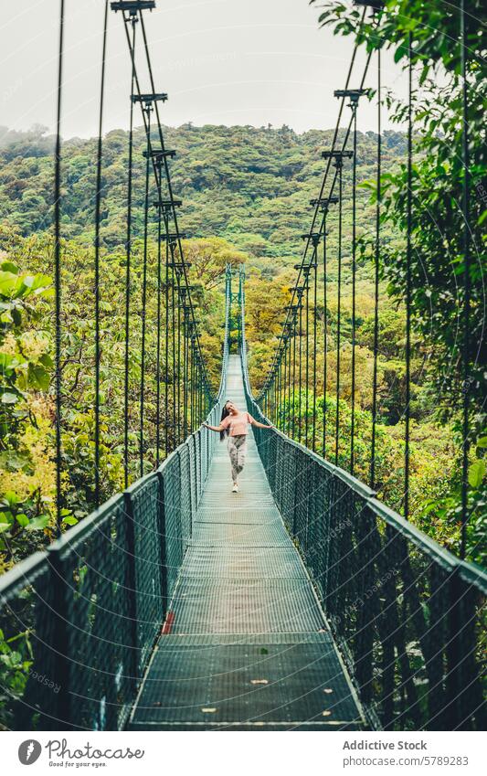 Crossing the Lush Canopy on a Suspension Bridge costa rica tourist suspension bridge greenery travel adventure landscape outdoors person walk crossing path