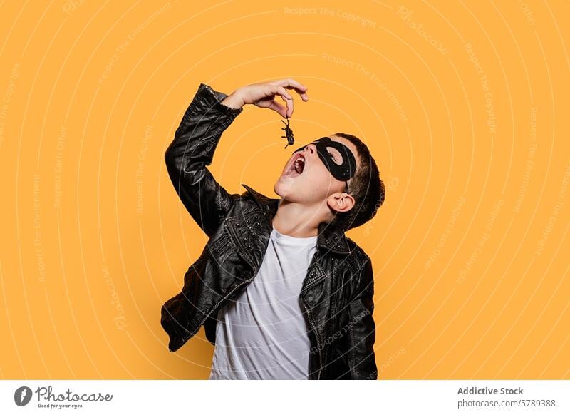 Boy in superhero costume playfully eating toy spider child imagination studio orange background boy mask pretend vibrant concept leather jacket fun creativity