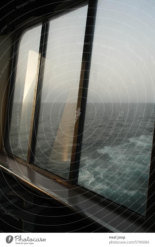 View through a window onto the stern of a ferry in monochrome evening light Ferry Navigation Vacation & Travel Tourism Passenger ship Ocean Water Far-off places