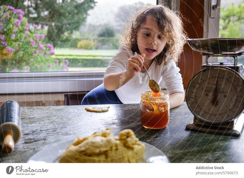 Child explores baking at home with fresh ingredients child kitchen dough rolling pin jam vintage scale curiosity learning cooking garden view window indoor