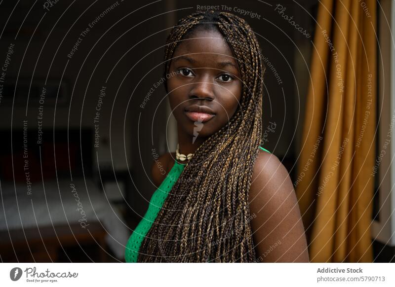 Serene African American woman at home setting black african american indoor serene relaxed expression braided hair close-up portrait female young adult calm